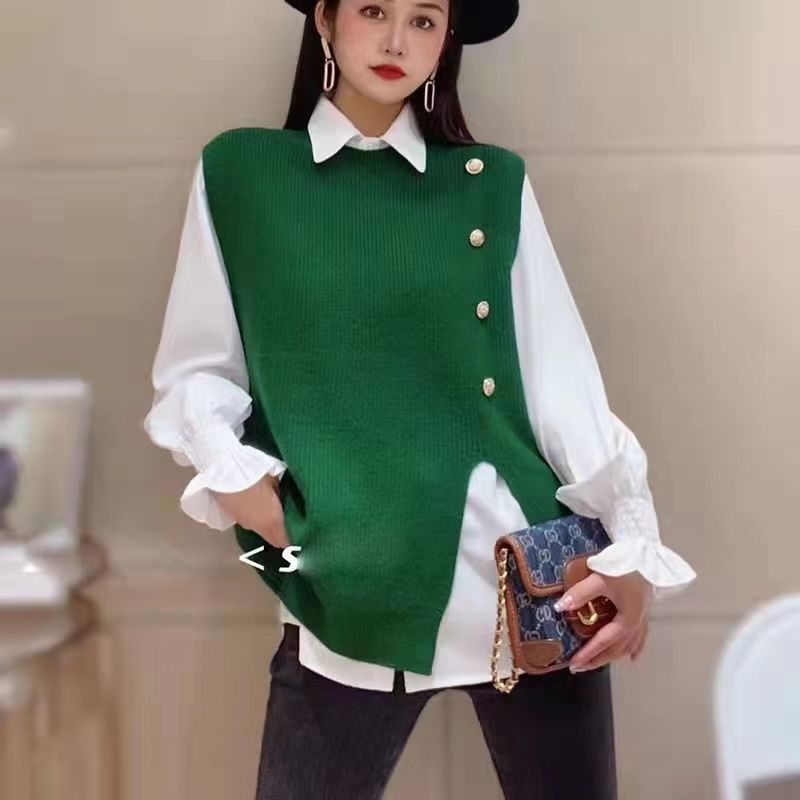 針織馬甲針織打底衫宽版女士金屬扣開叉無袖潮【淘夢屋】