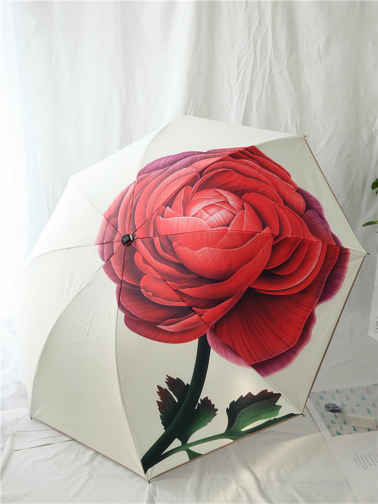 沛欣晴雨傘女 紅色玫瑰花數碼印花雙層遮陽傘黑膠三折疊復古洋傘