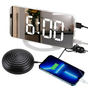 鬧鐘 2023新款LED震動鬧鐘 鏡像鐘帶USB充電 多功能電子鏡面數字時鐘-快速出貨