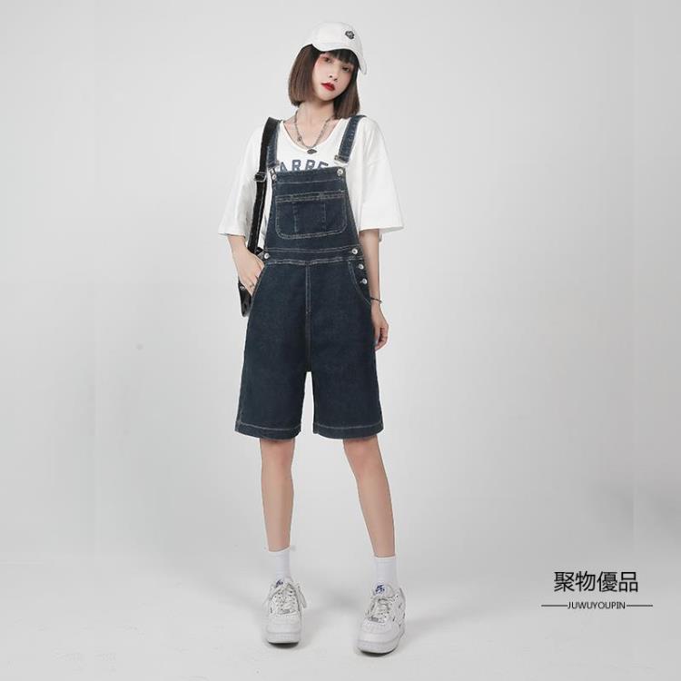 寬鬆直筒吊帶褲女夏季薄款水洗減齡短褲牛仔褲顯瘦五分吊帶褲【聚物優品】 3