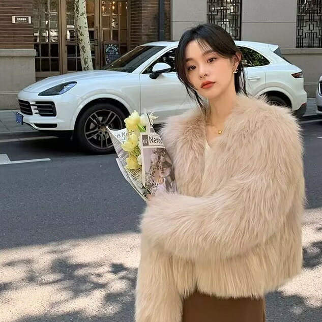 FUXI 環保皮草外套女 短版毛毛外套 仿狐貍毛外套 託卡外套 韓版毛絨外套 氣質短板外套 保暖外套 女裝 衣服