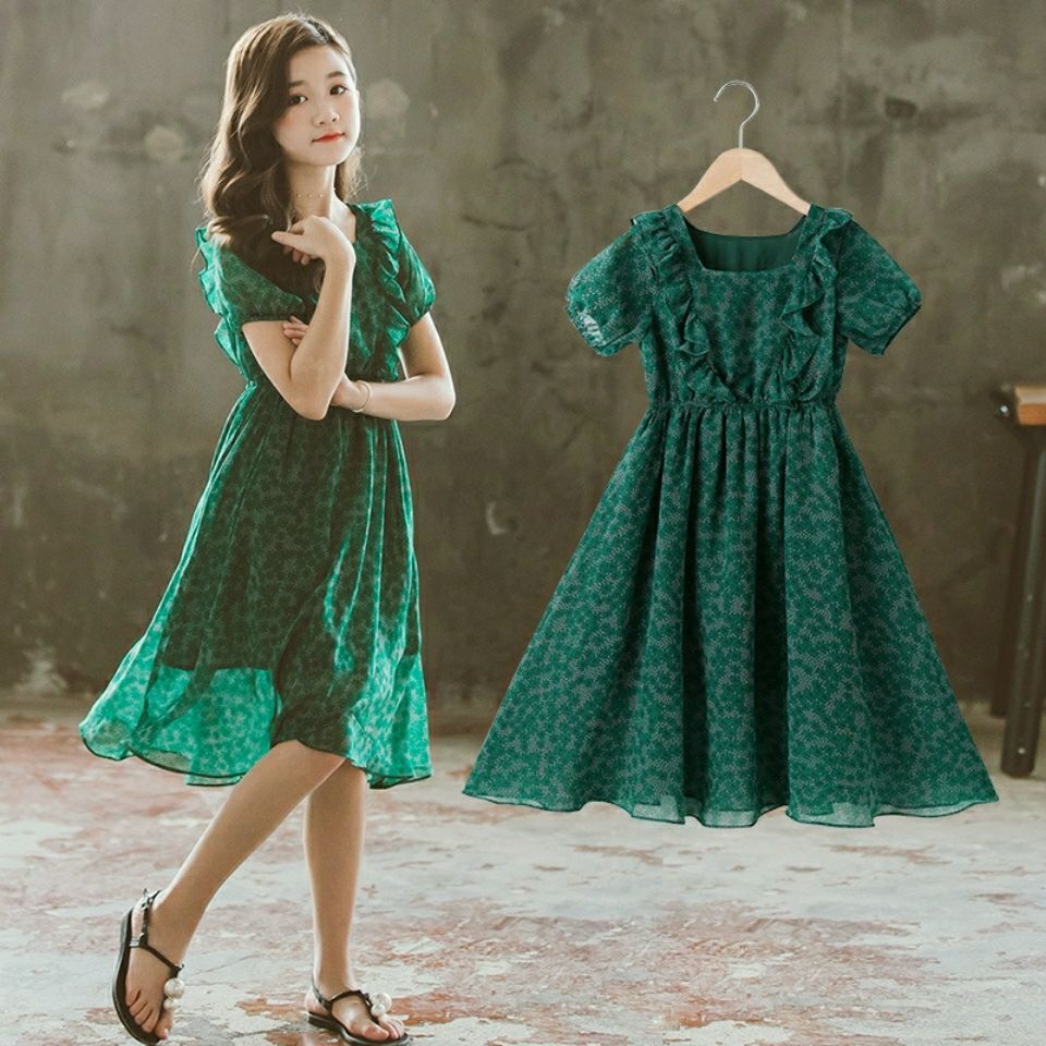 女童連衣裙新款夏裝韓版洋氣中大童女孩時髦綠色雪紡兒童裙子