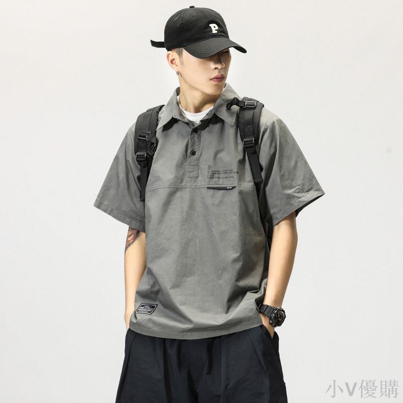 工裝痞帥polo領襯衫男夏季高階感個性帥氣短袖t恤ins潮牌半袖襯衣