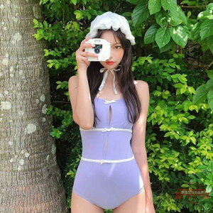 2022年女游泳衣網紅版顯瘦溫泉可愛比基尼甜美少女紫色連體泳衣潮