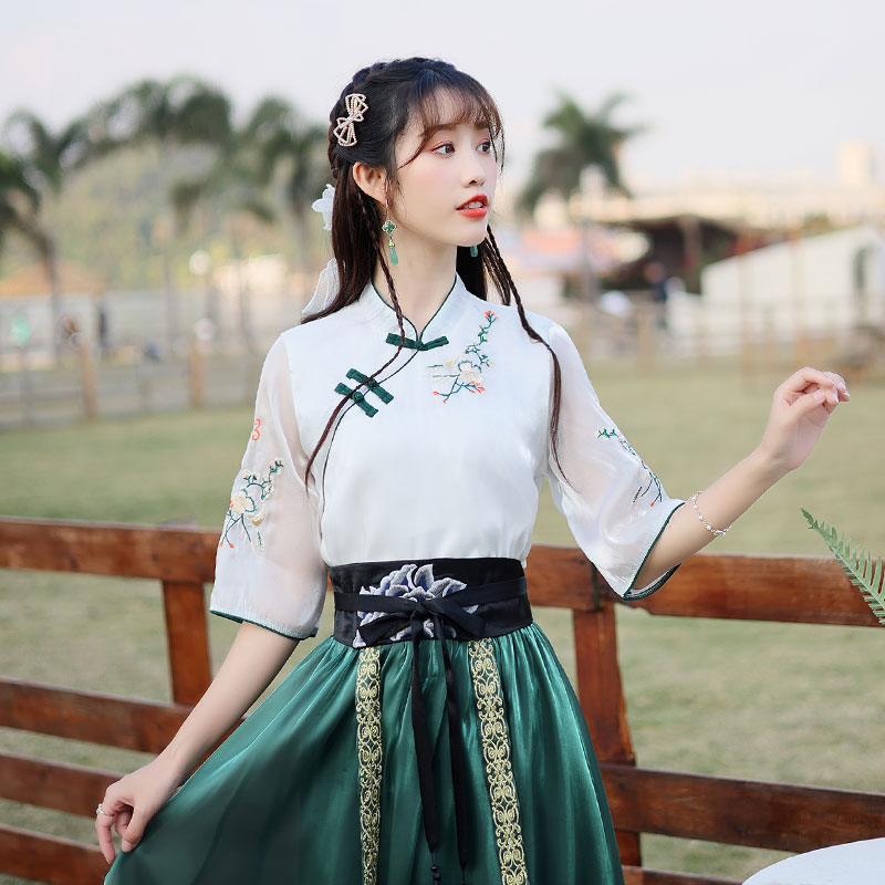 民國新中式女裝唐裝上衣套裝中國風漢服改良綠色旗袍采耳師工作服