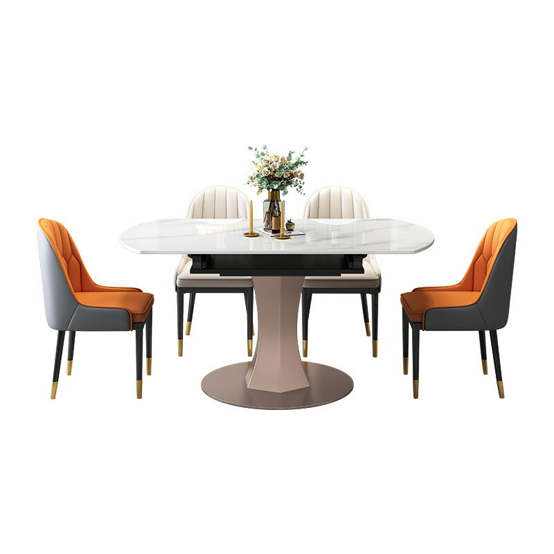 【免運】美雅閣| 亮光巖板餐桌椅組合現代簡約輕奢家用小戶型可伸縮折疊圓形飯桌子