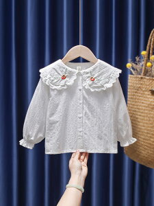 女童白襯衫2021春秋新款寶寶翻領百搭娃娃衫長袖女孩洋氣清新上衣
