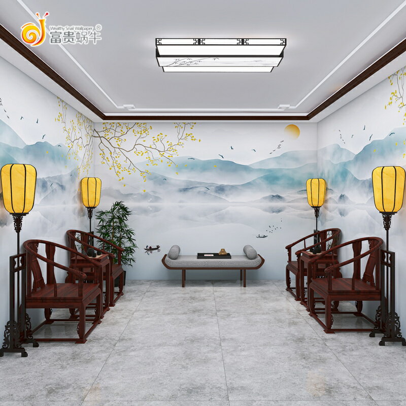 新中式水墨山水畫壁紙3D簡約現代客廳電視背景墻紙無縫劇本殺墻布