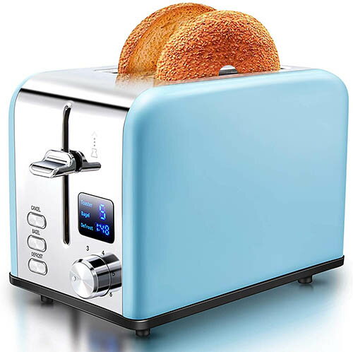 AEVO【美國代購】不鏽鋼烤麵包機 數位時間顯示 貝果/解凍/取消按鈕 - 藍色