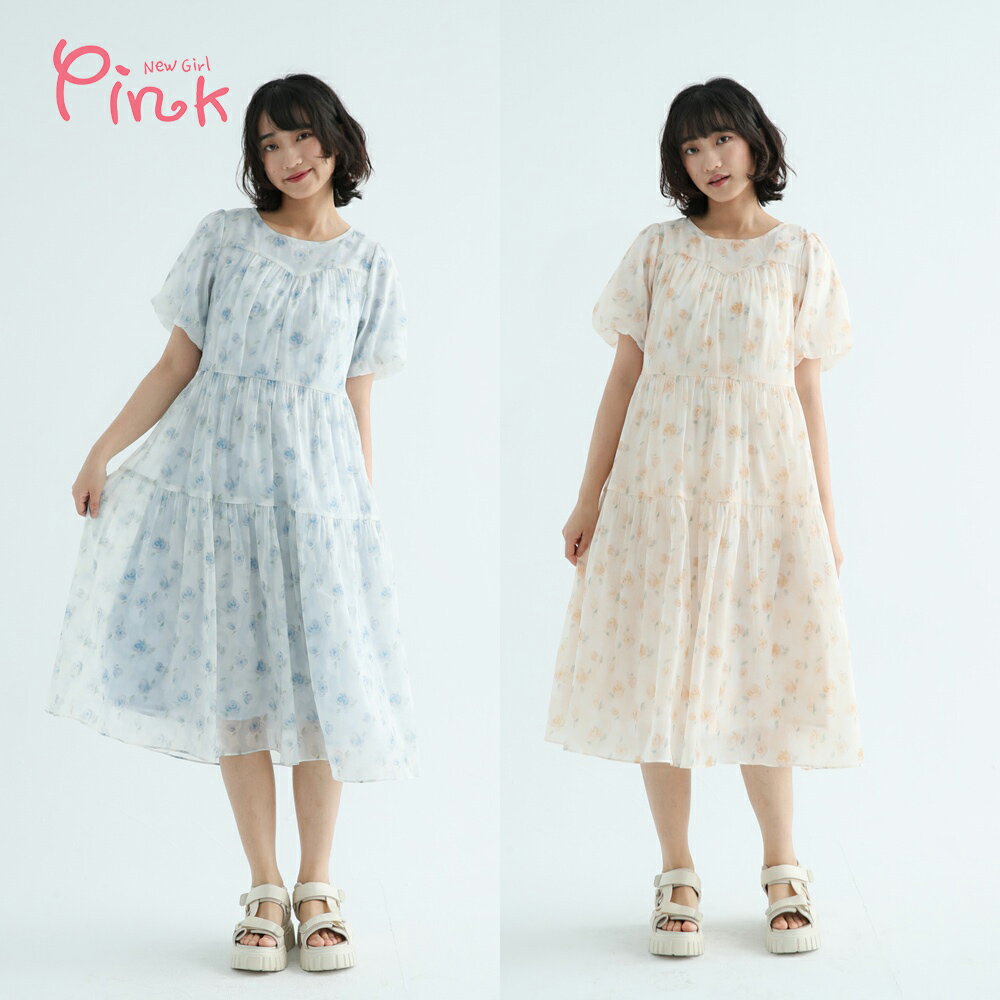 Pink*霧感花影雪紡洋裝 (2色) Y4101AD