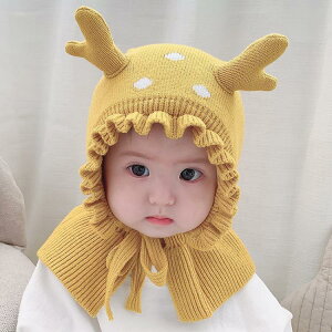 嬰兒帽 嬰兒帽子冬季寶寶保暖護耳帽男女兒童加絨毛線帽小孩披肩一體帽潮 快速出貨