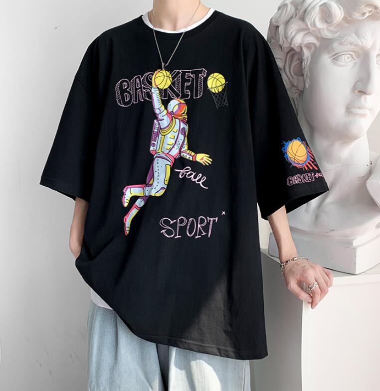 FINDSENSE X 韓潮 街頭時尚 寬鬆大尺碼 卡通籃球印花 男士 短袖T恤 學生短T