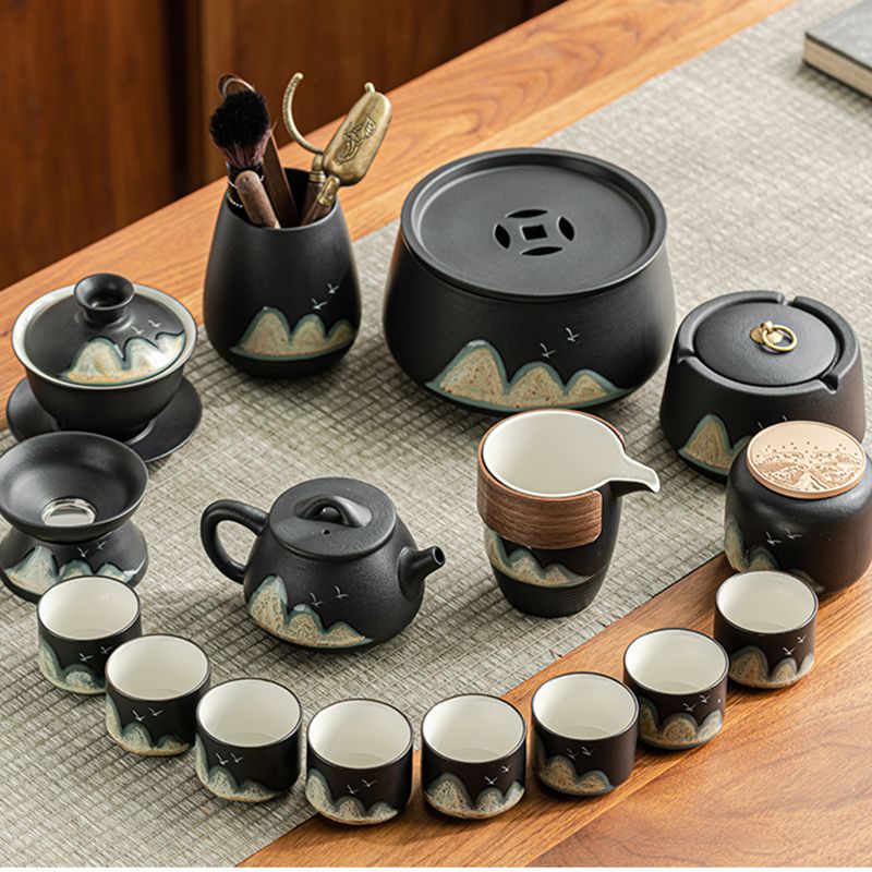 茶具套裝 黑陶功夫茶具小套裝家用辦公會客陶瓷茶具全套豪華茶杯套裝禮品-快速出貨