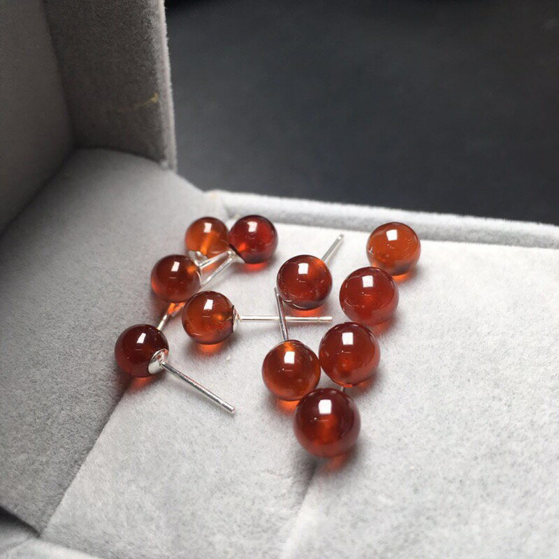 天然橙紅色石榴石圓珠耳釘女6mm簡約時尚百搭925純銀耳飾品晶體好