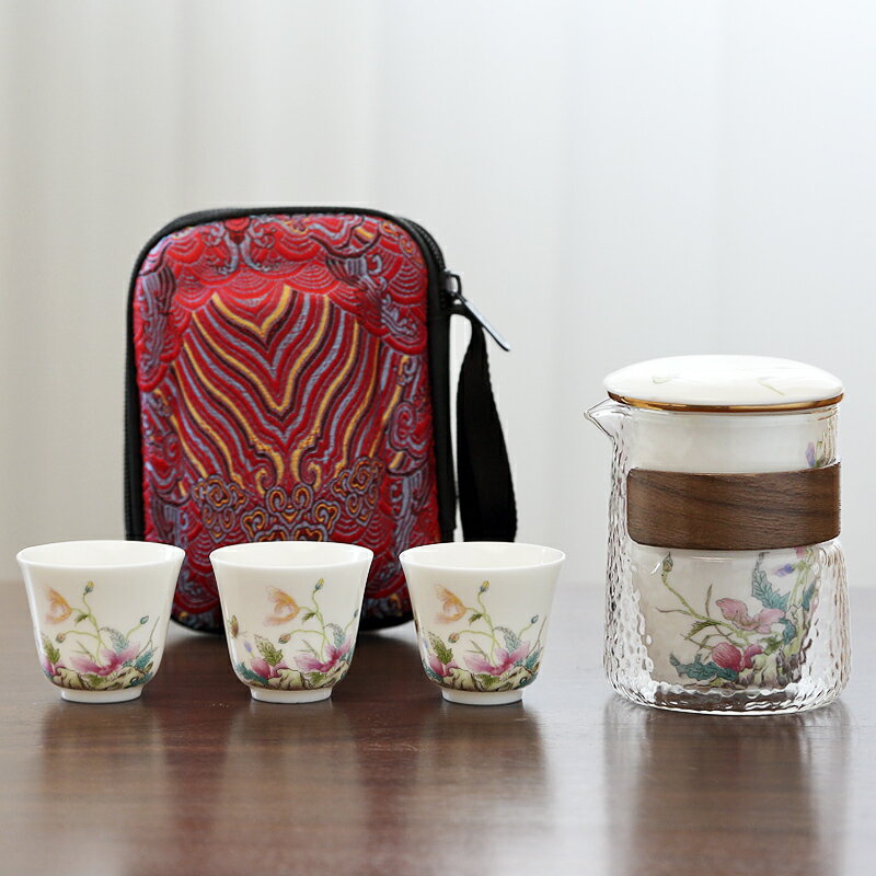 唐豐抖音同款虞美人快客杯戶外車載旅行茶具套裝一壺三杯過濾茶壺