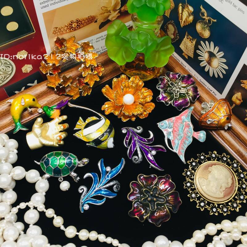 Vintage中古董胸針熱帶魚花朵曼陀羅小烏龜琺瑯楓葉浮雕復古西洋