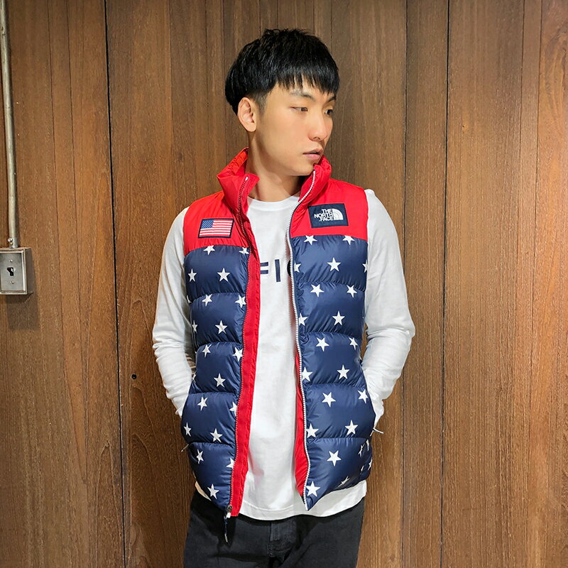 美國百分百【全新真品】The North Face 羽絨背心 TNF 北臉 保暖 男女 國旗星星 紅色深藍 AY16