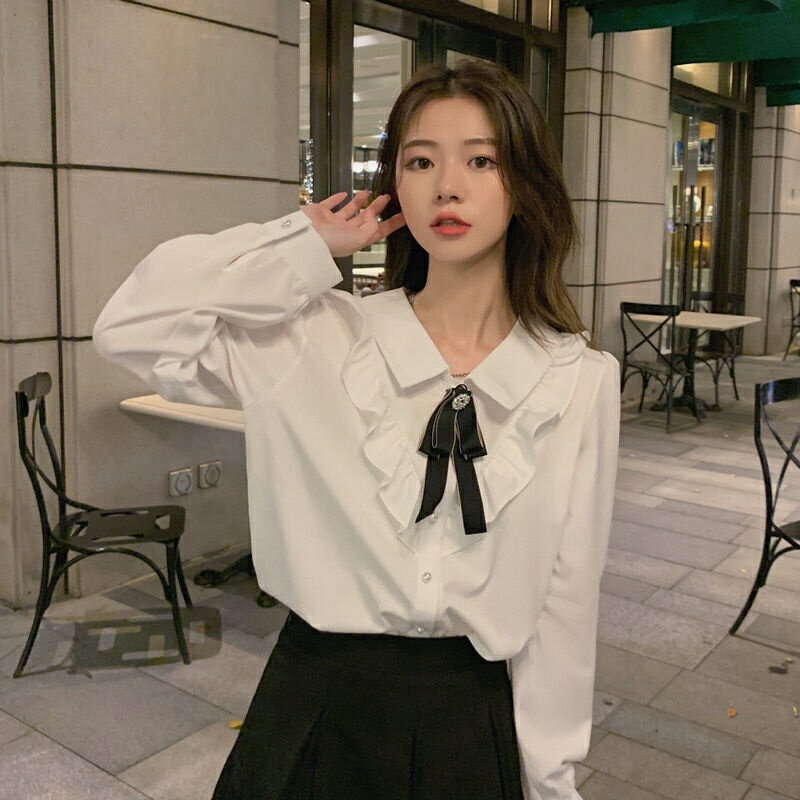 韓版新款長袖上衣 法式襯衫 休閒襯衫 寬鬆大尺碼上衣 襯衫女 複古長袖襯衫 甜美別緻上衣 學院風打底單穿上衣 白襯衫女