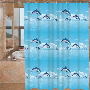 寬180×180藍色飛躍海豚 浴簾 卡通PEVA加厚浴簾 遮擋簾 乾溼分離 附掛勾 金屬扣眼【SV9687】BO雜貨
