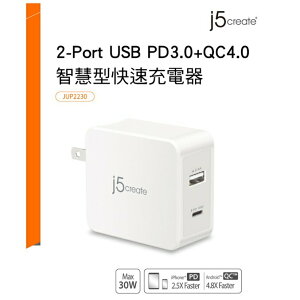 富田資訊 j5create 2-Port USB PD3.0+QC4.0智慧型快速充電器 JUP2230 快充頭