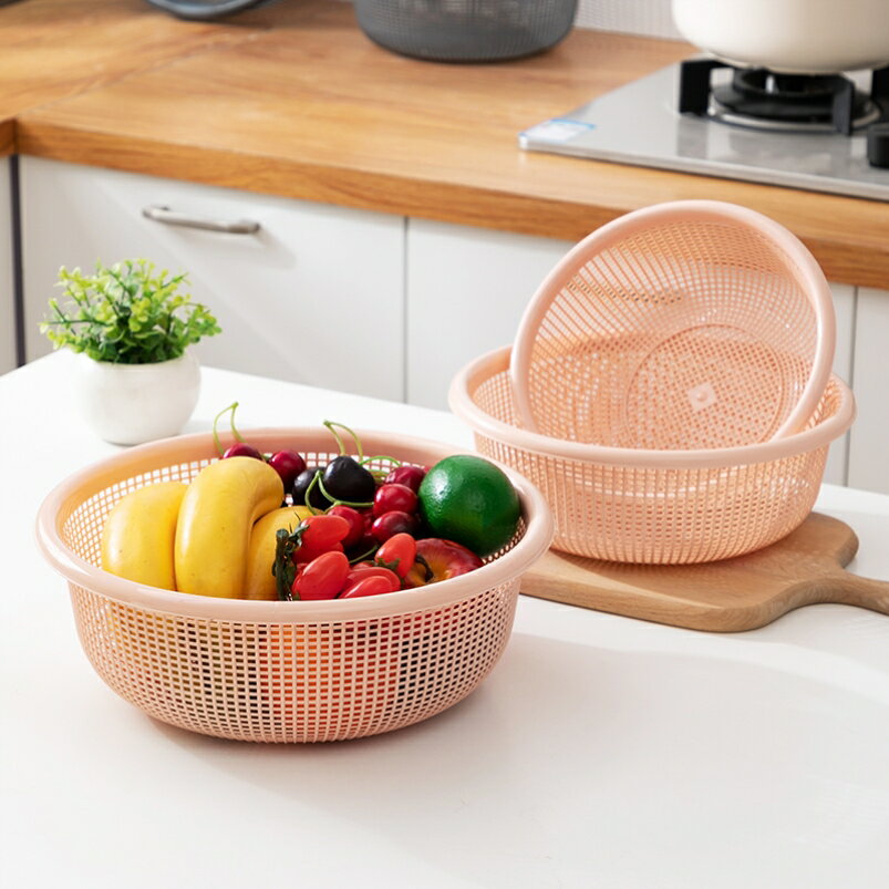 廚房塑料洗菜籃鏤空水果蔬菜瀝水收納籃套裝圓形塑料瀝水篩洗菜盆