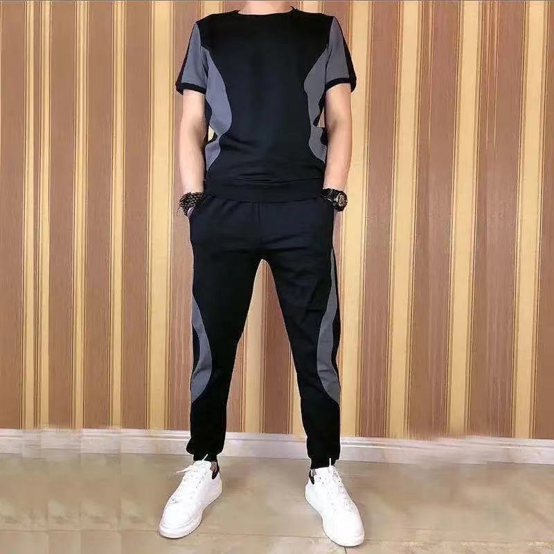 運動套裝男夏季新品衣服男士拼接時尚短袖t恤大碼潮流休閑兩件套