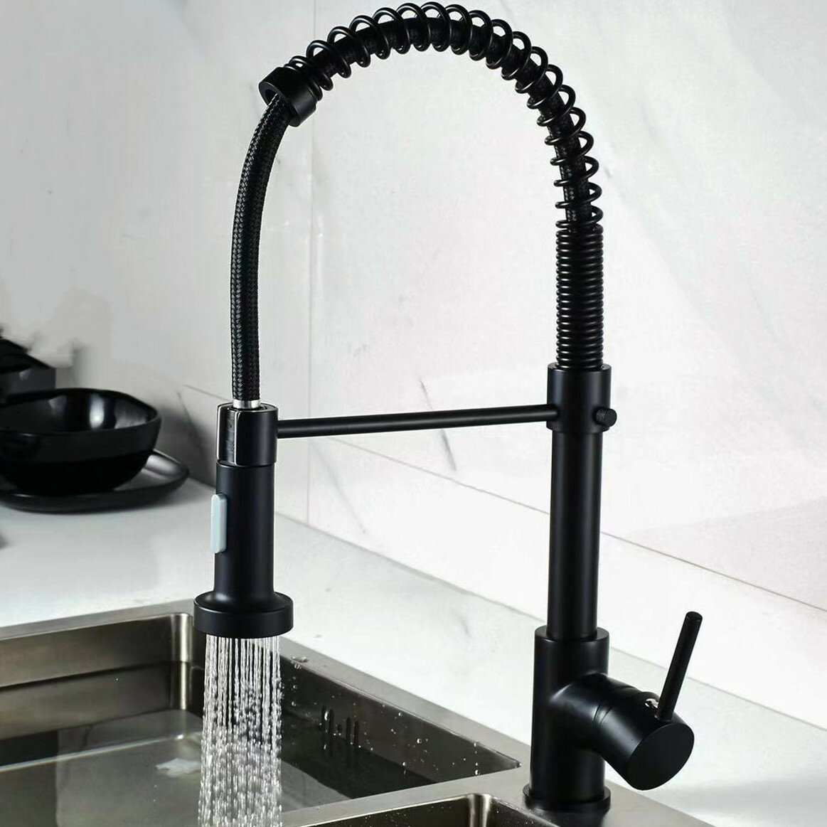 不鏽鋼黑色彈簧抽拉式水龍頭 廚房洗菜盆洗碗池雙出水冷水