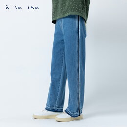 側邊刷鬚繡花牛仔直筒褲