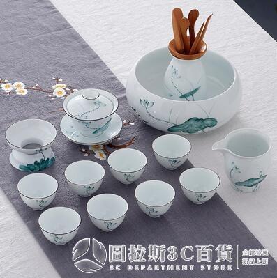 白瓷手繪功夫茶具套裝家用陶瓷蓋碗泡茶壺茶杯小套景德鎮簡約荷花