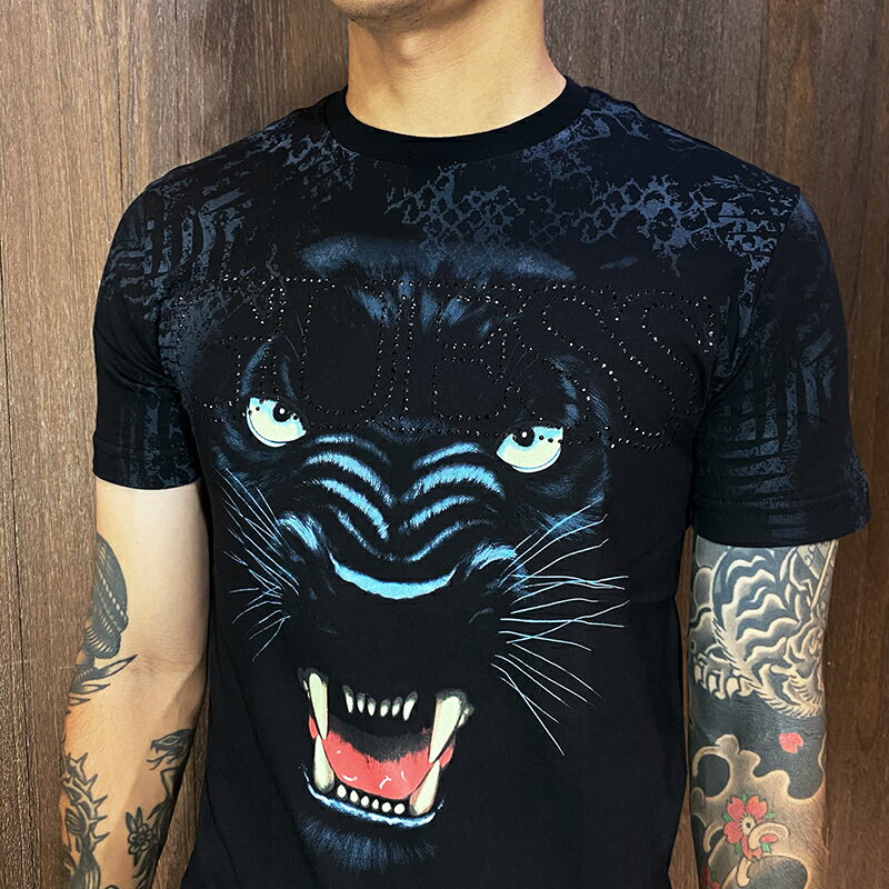 美國百分百【全新真品】GUESS T恤 短袖 圓領 上衣 黑豹 T-shirt 水鑽 logo 短T 黑色 CK10 1