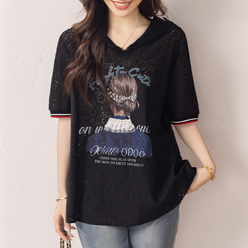 ＊ORead＊韓版蕾絲印花休閒T恤上衣(黑色S~4XL)