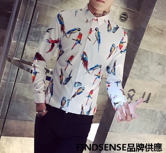 FINDSENSE品牌 秋季 新款 日本 男 高端 精緻圖案 商務休閒 個性花襯衣 時尚修身長袖襯衫 潮流上衣