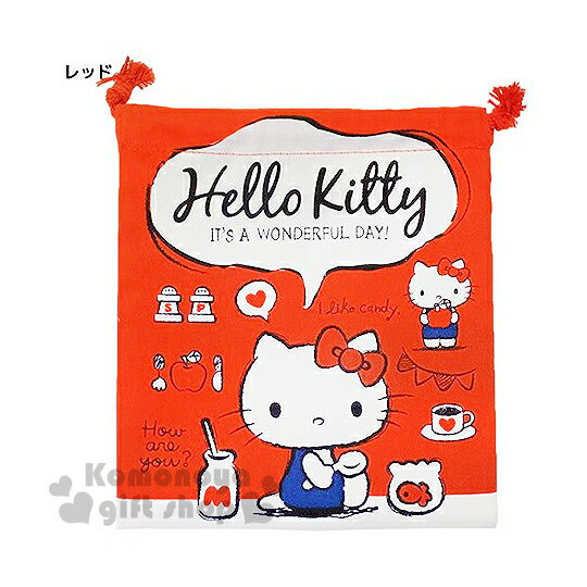 <br/><br/>  〔小禮堂〕Hello Kitty 棉質束口袋《紅.蘋果.牛奶.咖啡》<br/><br/>