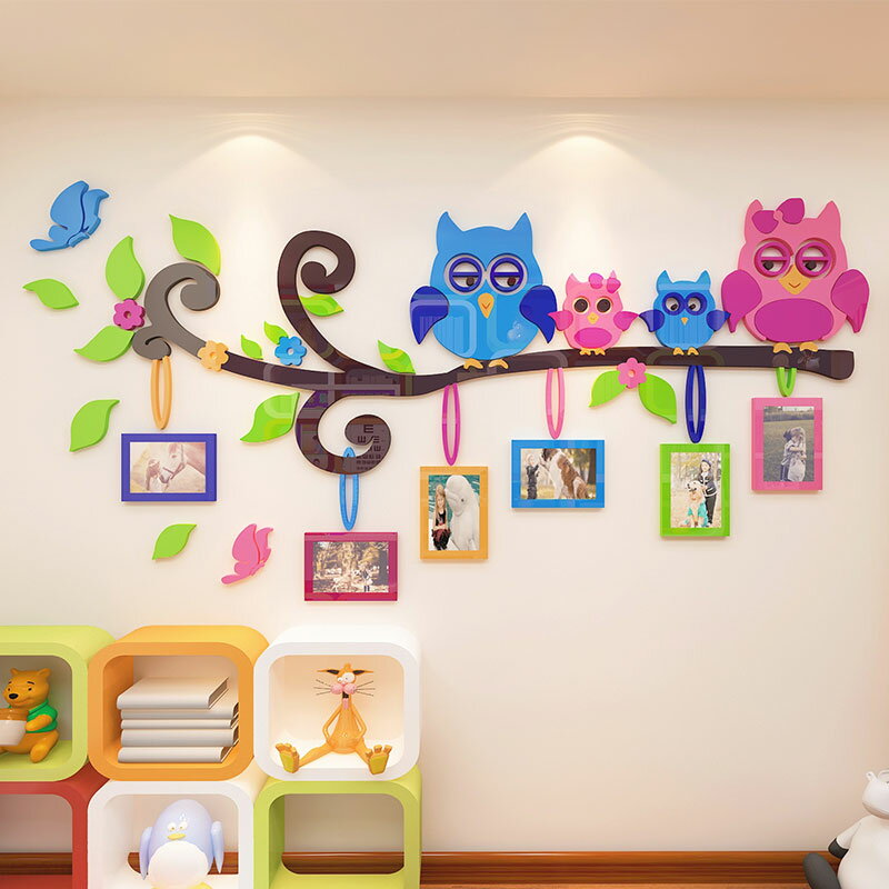 貓頭鷹卡通照片墻3d立體墻貼兒童房布置溫馨墻面裝飾臥室床頭貼紙