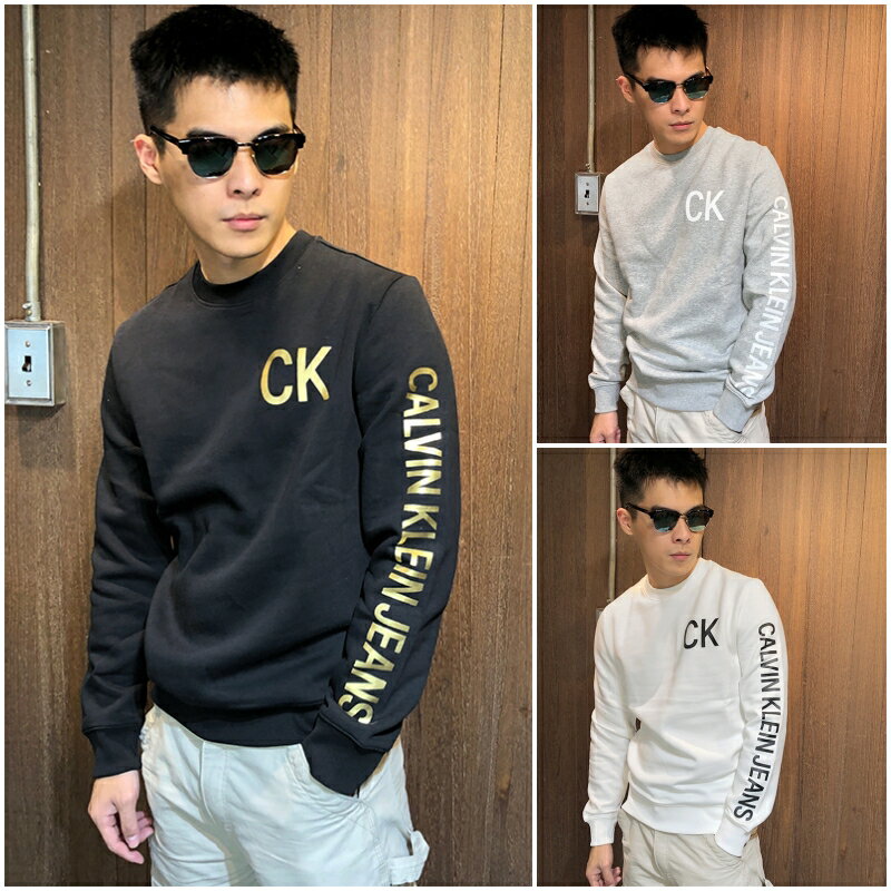 美國百分百【全新真品】Calvin Klein 大學T 長袖T恤 CK 長T 金色logo 上衣 男 黑白灰色 AN49