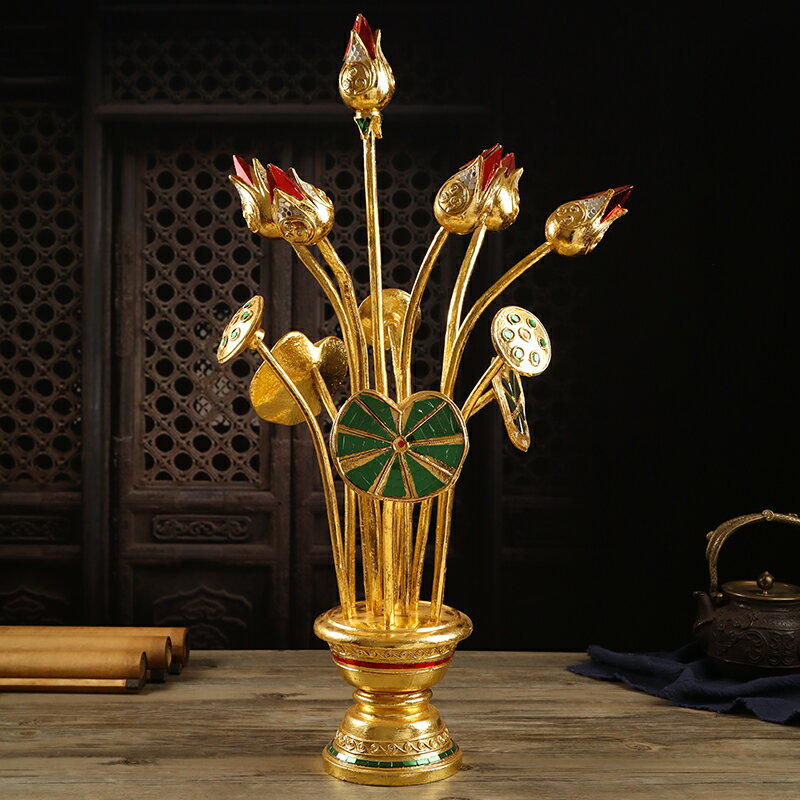 泰國蓮花擺件東南亞客廳辦公室金荷花裝飾木雕工藝品復古玄關擺設