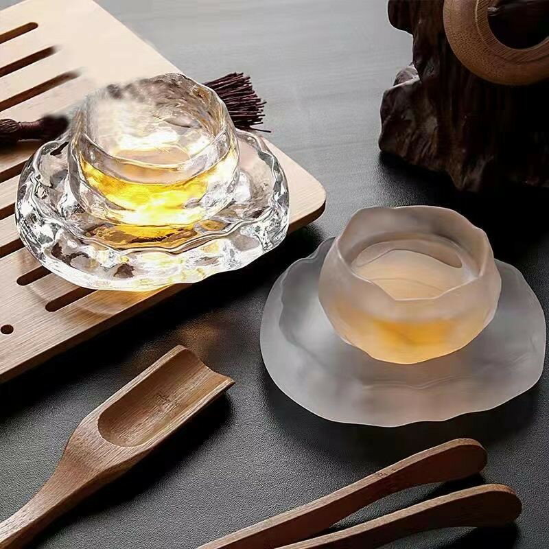 中式蓮花茶具磨砂蓋碗公道杯透明水晶玻璃小茶杯功夫套裝琉璃材質