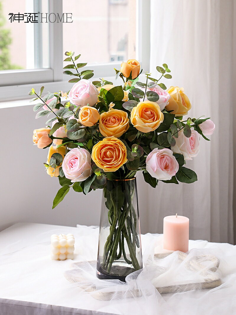 高檔手感保濕仿真花假花室內客廳裝飾花擺件餐桌花擺設玫瑰花輕奢