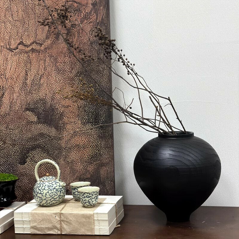 擺件 裝飾品 家裝 免運 開立發票 現代意式極簡黑色木紋花器法式簡約擺件茶室書房桌面家居樹脂花瓶樣板房裝飾 抽象擺件 拍攝道具