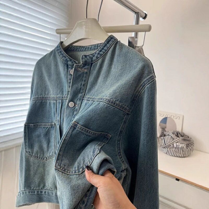 現貨+預購 美式牛仔外套丹寧夾克經典牛仔襯衫-港風復古圓領工裝女外套74km59【獨家進口】【米蘭精品】 1