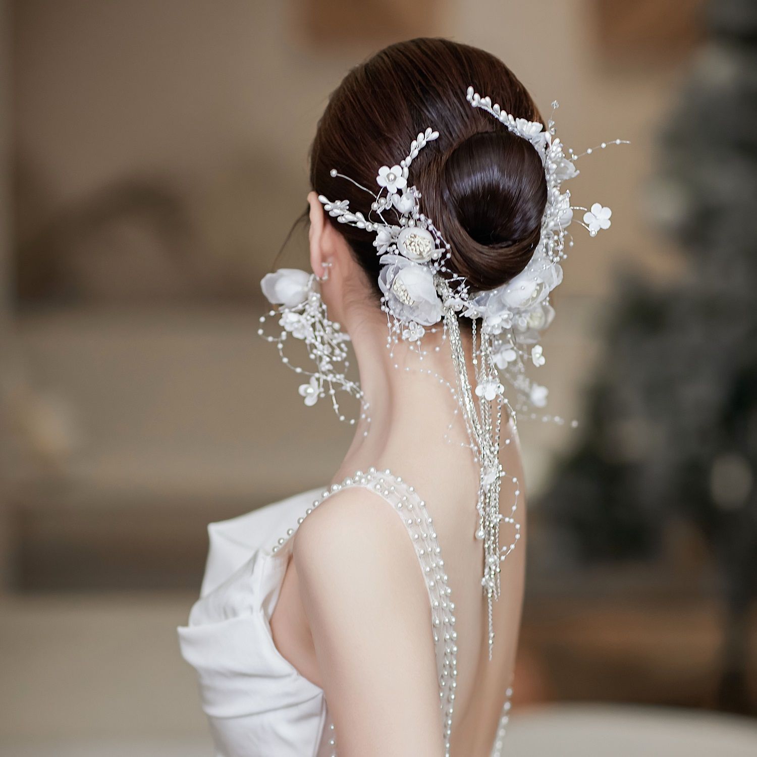 新娘頭飾仙色絹紗花苞發夾森系流蘇邊夾套裝婚禮禮服造型配飾