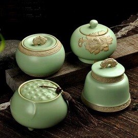 【陶瓷茶葉罐-汝窯系列-中號-650ml-130g-1套/組】開片浮雕正品陶瓷汝窯茶葉罐精品普洱密封罐-7501015