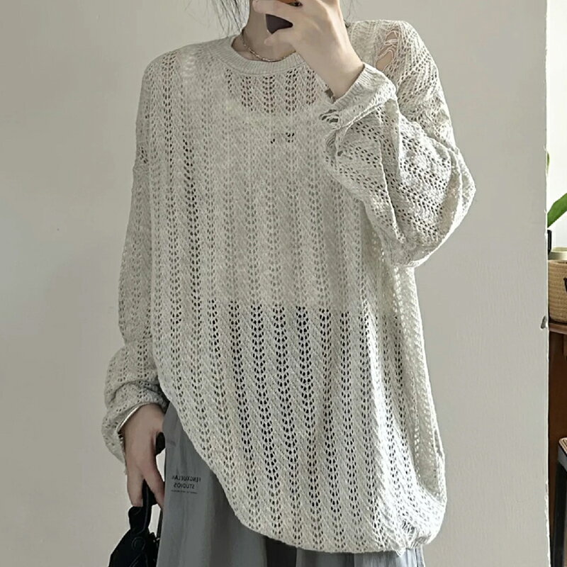【巴黎精品】現貨+預購 法式寬鬆襯衫上衣長袖罩衫T恤大碼百搭休閒女裝-慵懶鏤空針織高級女上衣2色a1lg120