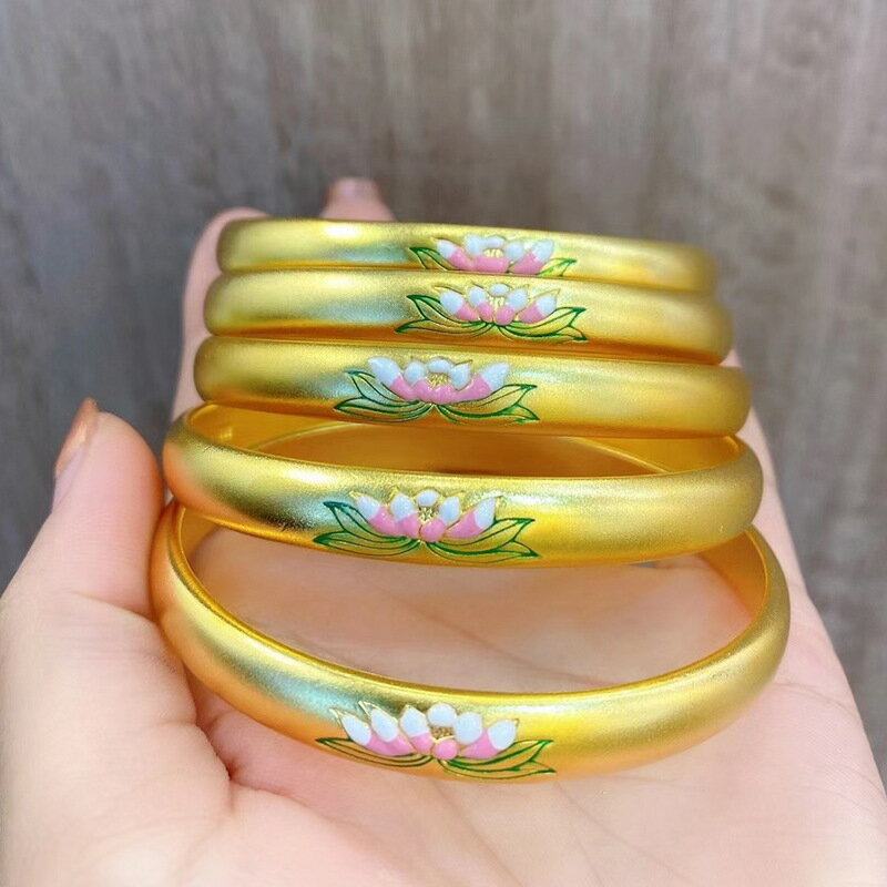黃銅鍍金彩色蓮花手鐲 越南沙金色女士閉口手環女士首飾品批發