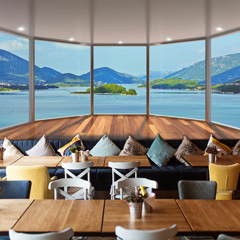 空間延伸墻紙背景墻布餐廳公司辦公室裝飾3D立體感大海風景畫壁紙