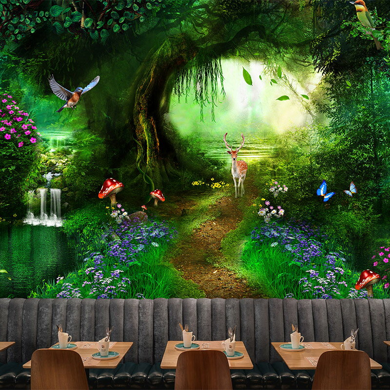 3D立體卡通動物森林墻紙男孩兒童房幼兒園托兒所壁畫5D童裝店壁紙