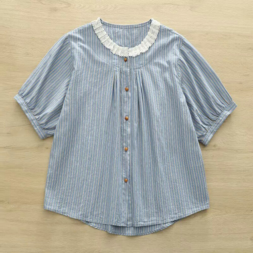 ＊ORead＊日系小清新條紋蕾絲蕾絲刺繡短袖襯衫(圖片色ML)