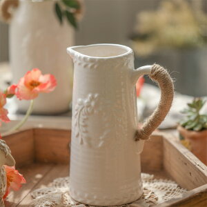 左岸麥田 米哈斯白色單耳麻繩陶瓷花瓶擺件美式復古懷舊家居飾品