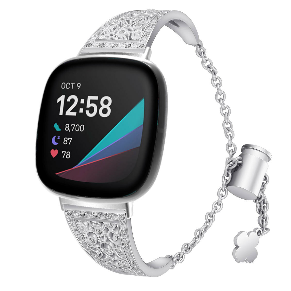 優樂悅~Fitbit Versa3智慧手錶帶 花型金屬鑲鉆調節鏈式表帶 versa3表帶