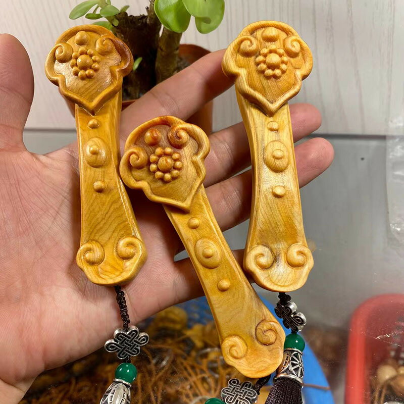 崖柏手把件擺件 DIY流蘇如意 木質工藝小禮品 文玩把件